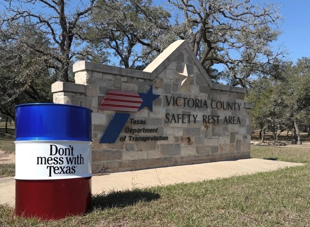 Texas Works Services barrel at the Victoria County Safety Rest Area